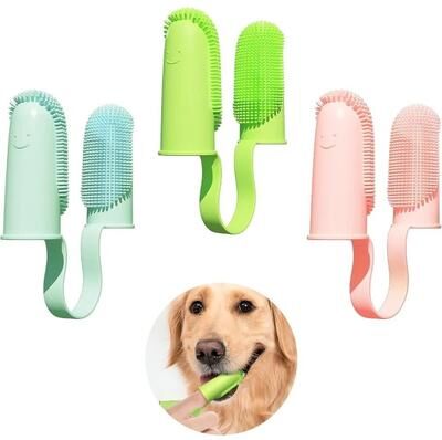 Uplifted Finds Pet Finger Toothbrush Double Finger Silicone Bristle grass Yellow