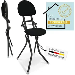 ELONEO Sitzhilfe, Bügelstehhilfe rückenschonend, rutschfest u. platzsparend, 3-Fach höhenverstellbar (58-65 cm), mit Rückenkissen, belastbar bis 120kg, Schwarz 45 x 98 x 47 cm