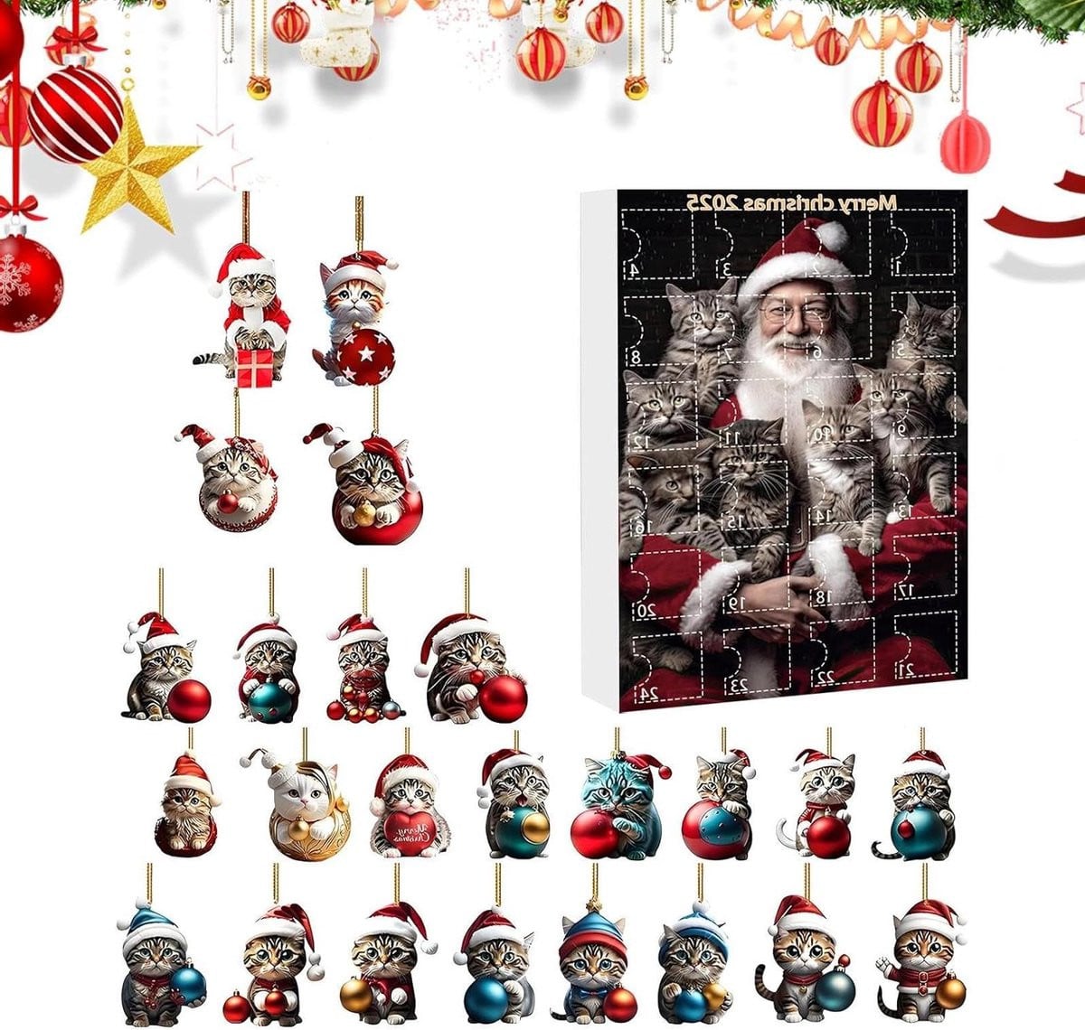 Kerst Adventskalender met 24 Kattenhangers voor Decoratie in de Woning - Multicolor