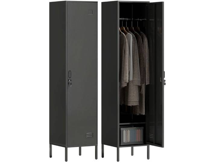 Armoire métallique noire à porte verrouillable avec barre de penderie et rangement 40 x 40 x 179 cm ORVRYN