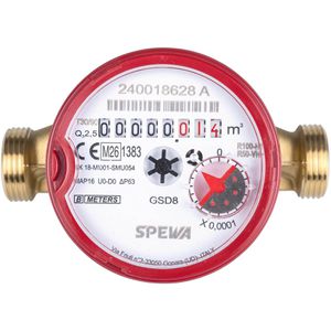SPEWA Wasserzähler 100253, aus Messing, 2026 geeicht, für Warmwasser, Einbau horizontal & vertikal, 3/4 Zoll