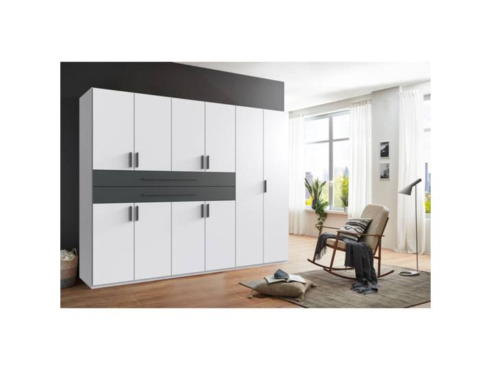 Kleiderschrank Stride Weiß, Rahmen + Abs. Grafit - Griffe Grafit Mischholz B 270 cm - Kleiderschrank