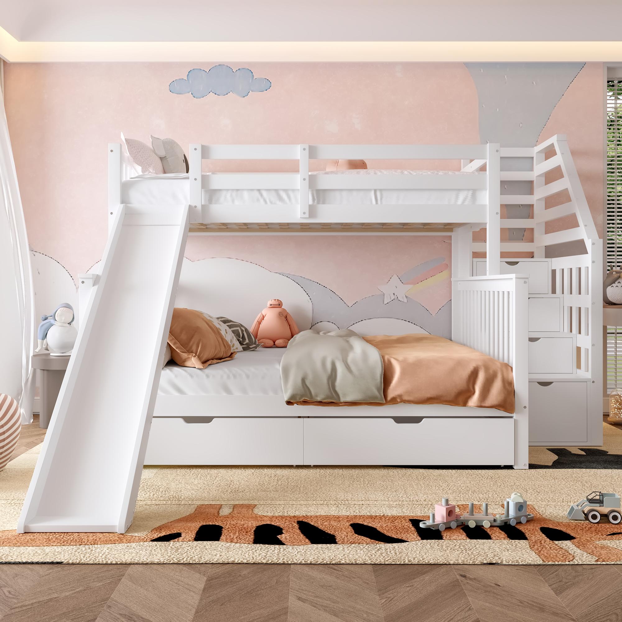 okwish Etagenbett (90 x 200 cm/140 x 200 cm), multifunktionales Kinderbett mit 2 Schubladen-Stauräumen und Rutsche, massive Kiefer, stabil und langlebig, weiß
