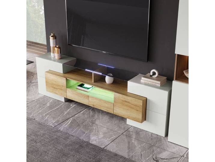 Armoire TV élégante lowboard.blanc brillant 200 cm éclairage LED meuble de salon. design moderne. surface en verre élégante.
