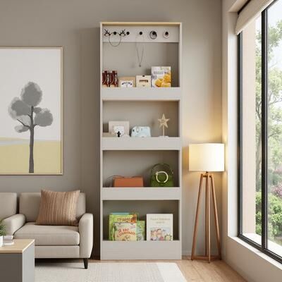ZWYO HOSIMU "Behind Door 69"" Tall Bookcase with 4 Shelves & 5 Hooks Narrow Storage Cabinet Skirting Avoidance Design Anti-Tip Device for Home"