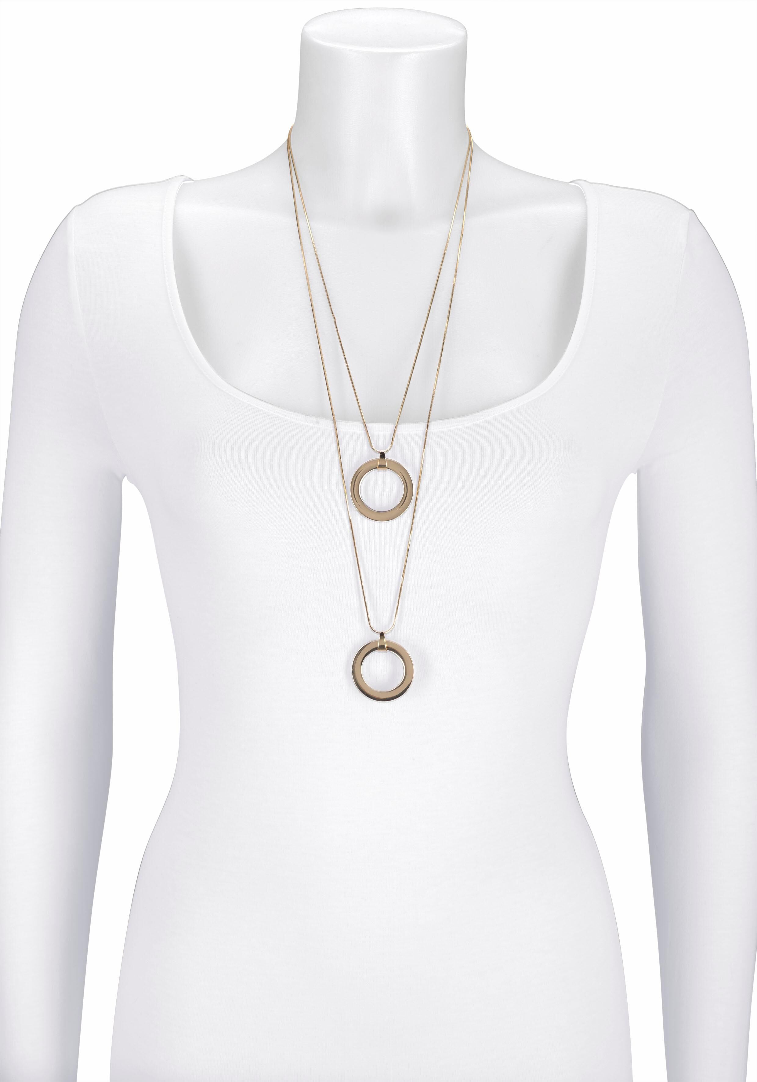 Lange Kette FIRETTI "2 rhg., mit je doppelten Ringanhänger, glanz", gold (goldfarben), Halsketten, Damen, Metall, L: 70, Lange Kette goldfarben Metall, L: 70