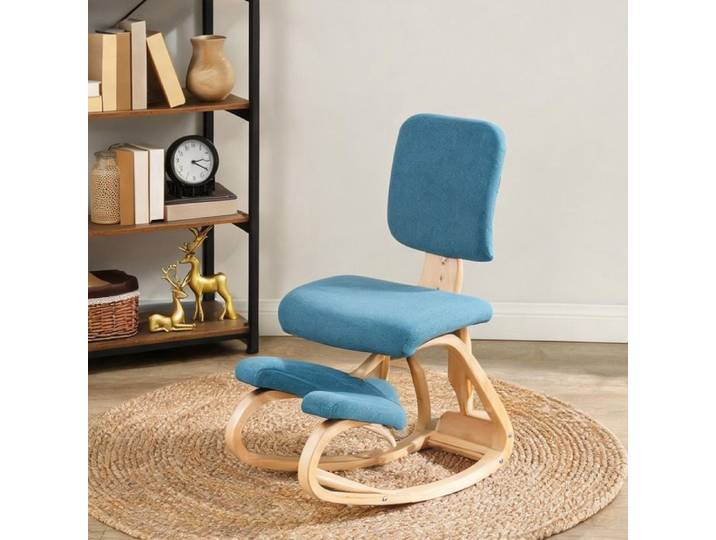 Chaise à genoux ergonomique en bois de bouleau correcteur de posture avec dossier et mouvement de balancement bleu foncé