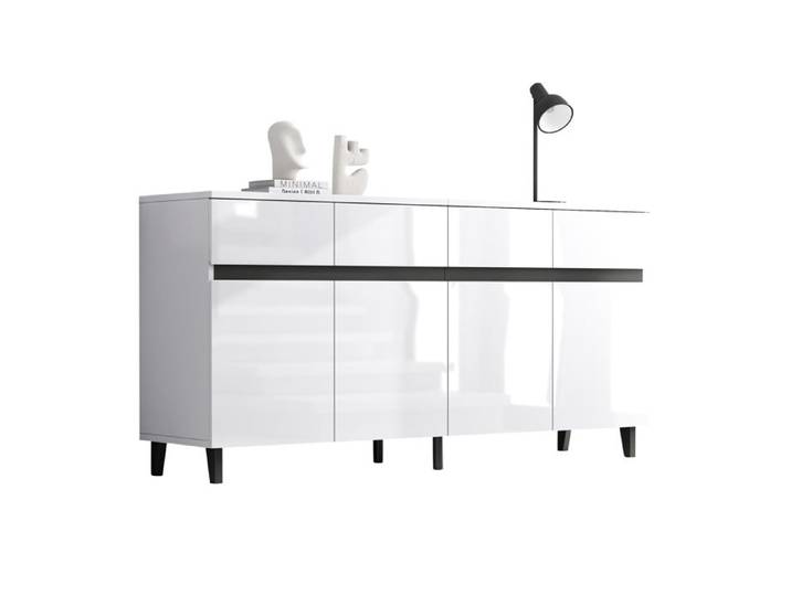 ELVORIN Buffet bas 160 x 40 x 68 cm blanc façades brillantes 4 tiroirs 4 portes étagères réglables en panneaux de particules