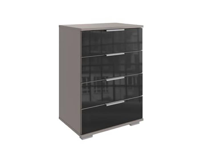 möbelando Hochkommode >Easy Plus< mit 4 Schubladen, Glas Schwarz & Korpus in Saharagrau, modernes Design, 52x74x38 cm, aus Spanplatte, für Schlafzimmer, zerlegt geliefert