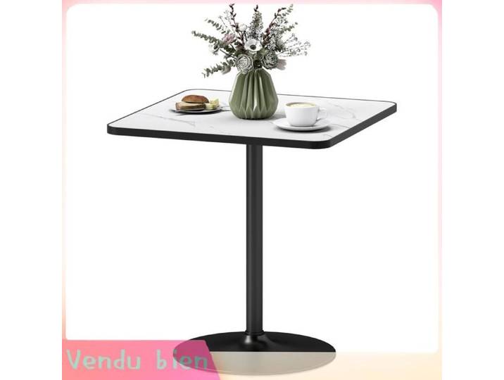 LIA Table à manger 4 places plateau effet marbre base ronde 70x70 cm blanc