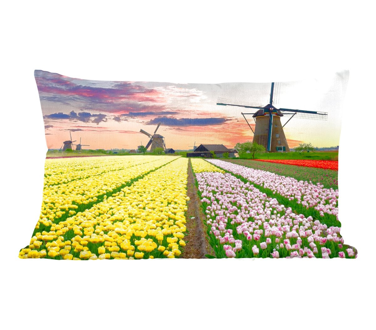 PillowMonkey Sierkussen met Windmolen en Tulpen Bloemenmotief - 50 x 30 cm