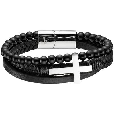 Lederarmband BRUNO BANANI "Schmuck", schwarz (edelstahlfarben, schwarz, schwarz), Armbänder, Damen, 21cm, Edelstahl Leder, Edelstahl, Leder, Lederarmband, mit Achat