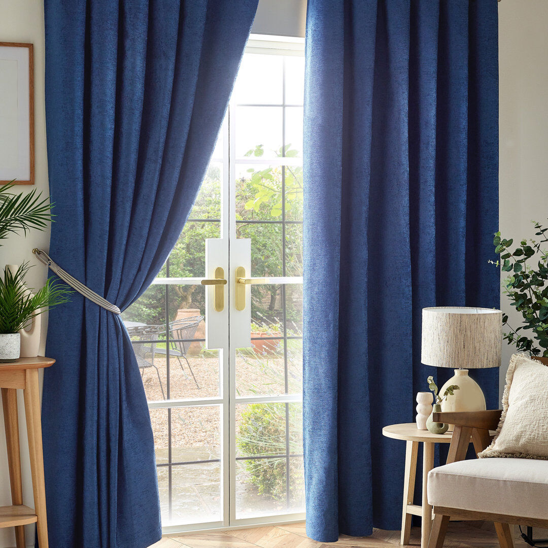 17 Stories Eilfried Chenille Pencil Pleat Taped Top Curtains Blue 229cm Width x 229cm Drop
