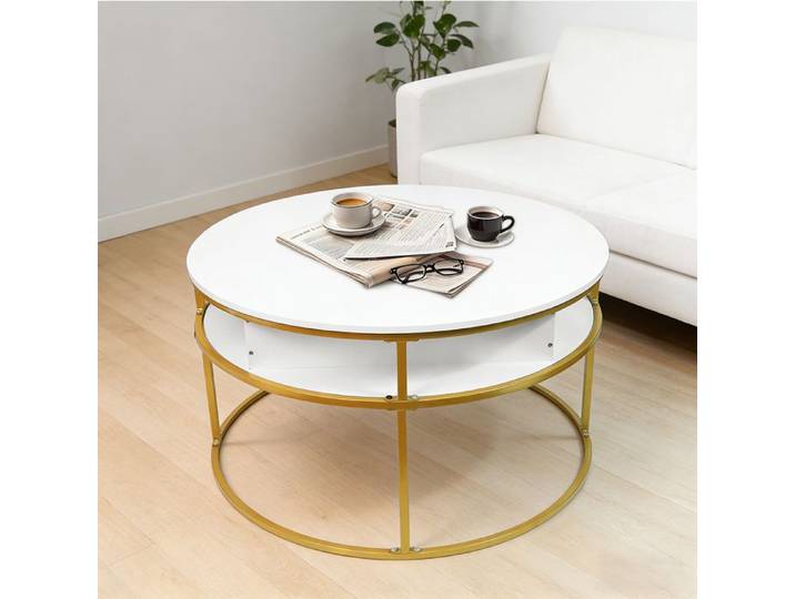 OHMG-Table Basse Ronde Réglable En Hauteur-Pour Bureaux Et Salons-Espace De Rangement Intégré+Étagère-Cadre Blanc Et Or