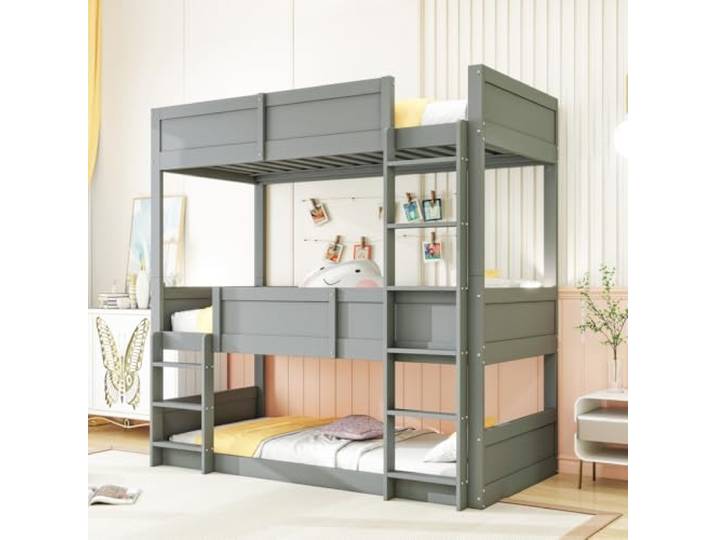 I0I&I0I Massives Dreifach Etagenbett Für Kinder Mit Hohem Rausfallschutz Und Lattenrost Platzsparendes Holzbett (Gray + Wood + 90cm*200cm)
