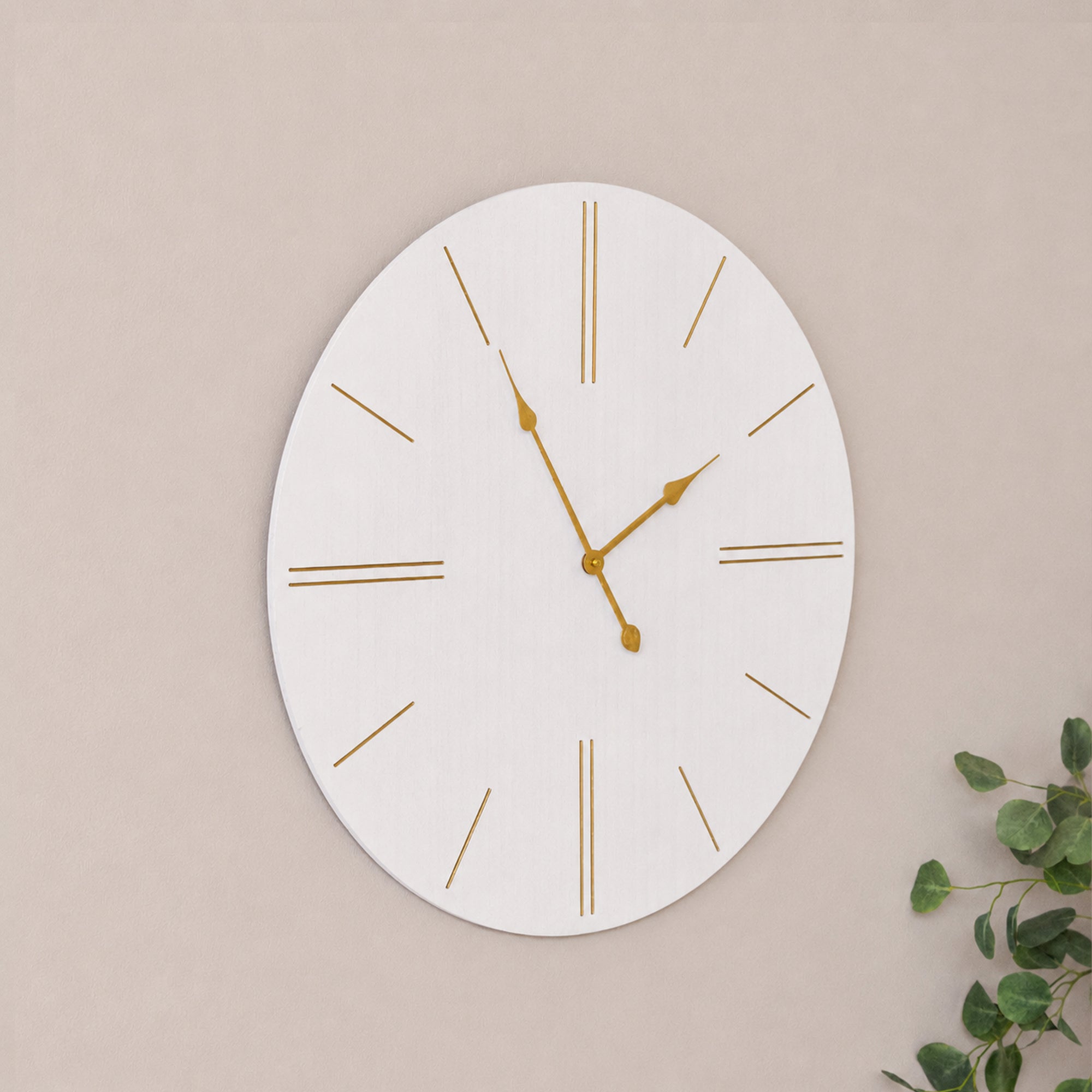 Large White Wooden Grain & Gold Detailed Wall Clock - 70cm x 70cm Wood, Metal
