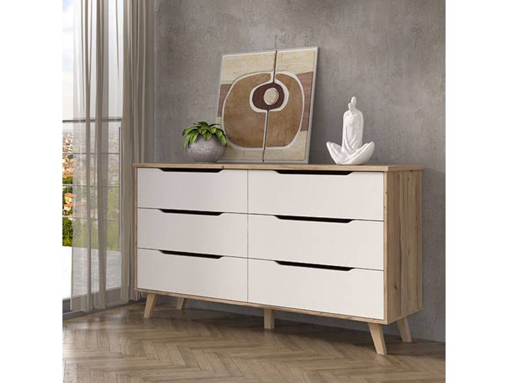 Commode 6 tiroirs Vankka Chene Naturel/blanc - Basika