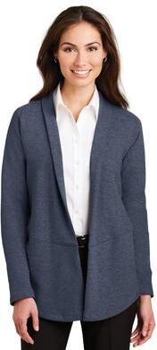 Port Authority L807 Women's Interlock Cardigan Jacket in Estate Blue Heather/Charcoal Heather size Medium   Cotton/Polyester Blend