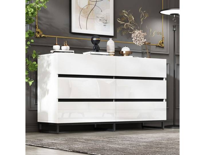 WOVREO Buffet bas 140 cm 6 tiroirs brillant bois particules et métal blanc et noir