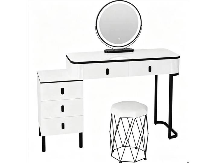 Coiffeuse blanche et noire avec miroir LED rond 45 cm 5 tiroirs et tabouret en velours