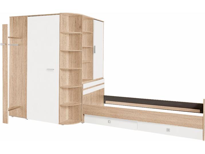 Jugendzimmer-Set WIMEX Joker Kleiderschrank mit Garderobe, Bett und Stauraumschubladen , beige (eichefarben san remo, weiß), Schlafzimmermöbel-Sets, Jugendzimmer-Set