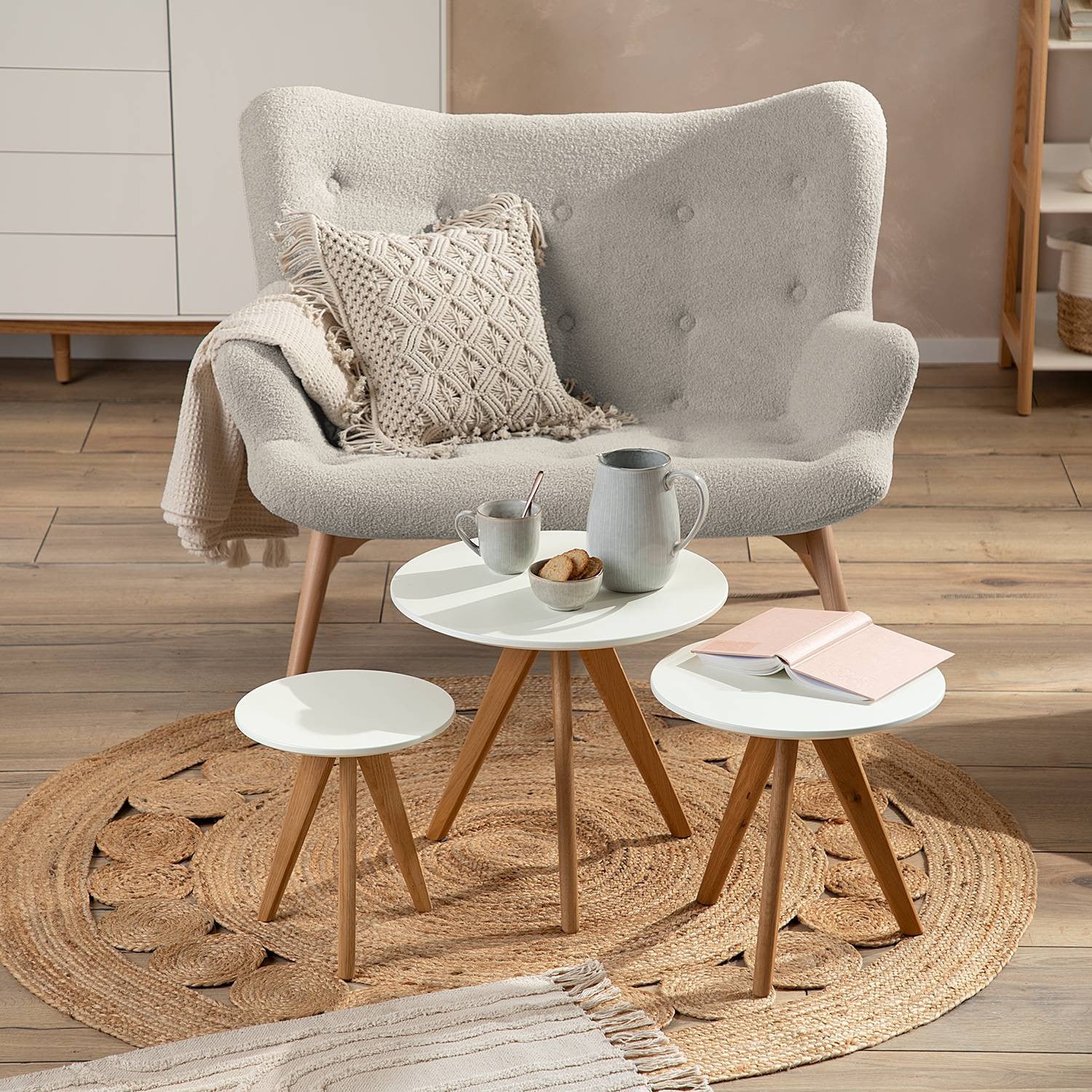 home24 Past Past I 3-delige ronde salontafel in wit en bruin, Ø 48 cm