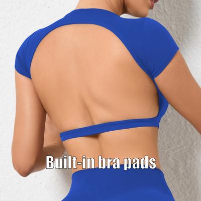 Fusion Finds Backless Yoga Top Quick Dry Women's Gym Crop Top With Optional Built In Pads blue Chest Pads s