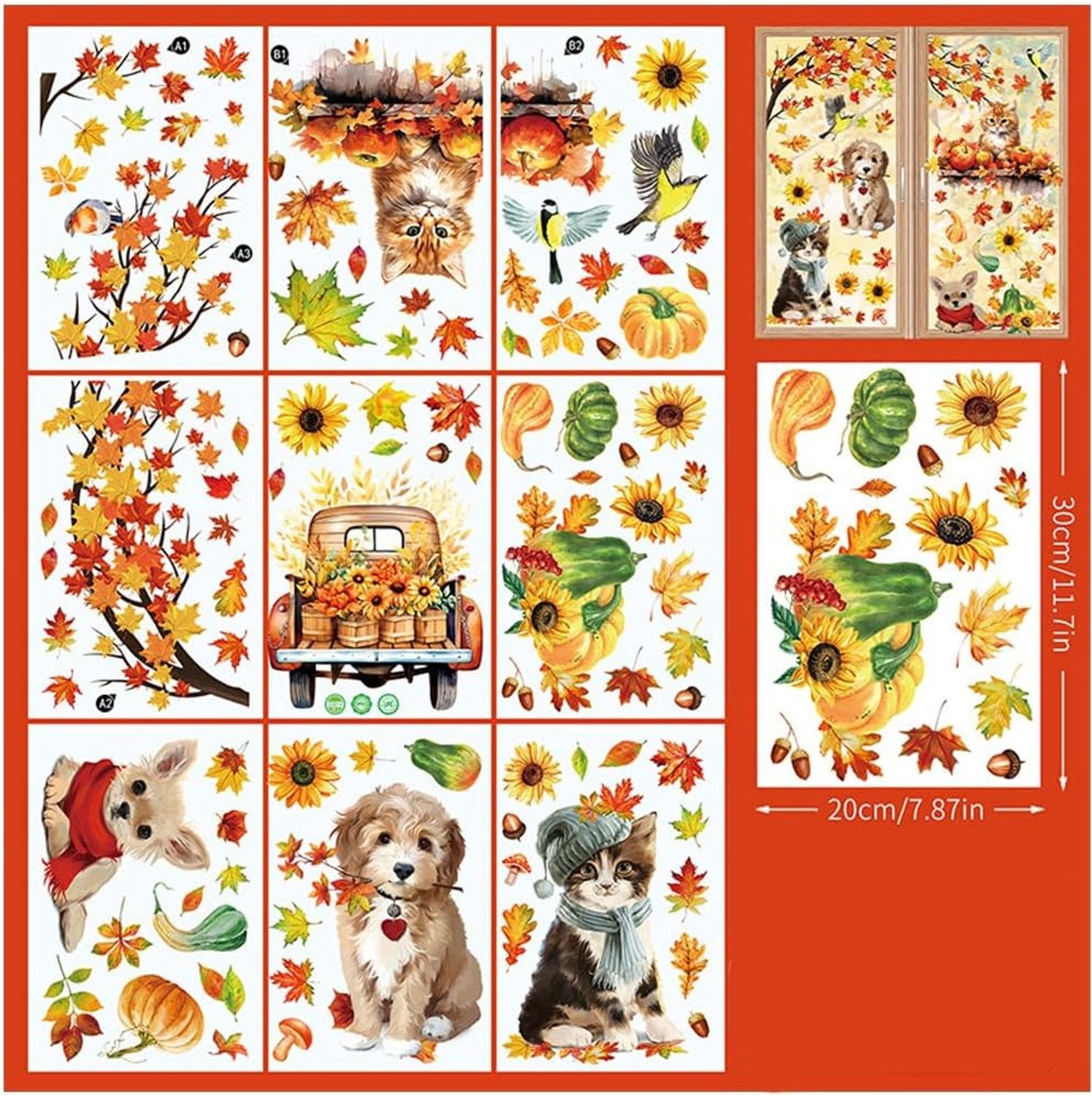Herfst Raamstickers met Natuur- en Dierenmotieven - 9 Vellen - Multicolor