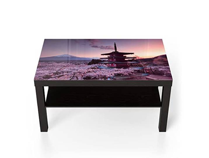 DEQORI Glastisch schwarz groß 90x50 cm Motiv Kirschblüten Tempel Japan ausgefallener Beistelltisch aus Glas Hochglanz Couchtisch fürs Wohnzimmer moderner Couch Tisch mit Design