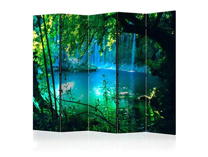 decomonkey Paravent Raumteiler Innen Natur, 225x172 cm, 5-teilig, Wald Beidseitig, Wasserfall, Wohnzimmer, Room Divider, Wall, Raumteiler Stehend, Trennwand, Sichtschutz, Spanische Wand, Holz