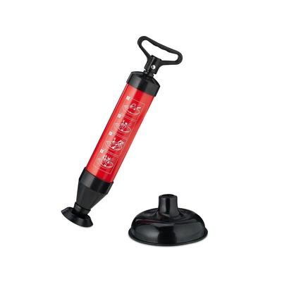 Relaxdays Abflussreiniger Pumpe, 2 Aufsätze für WC, Dusche, Waschbecken, Druckreiniger Abfluss, chemiefrei, schwarz/rot