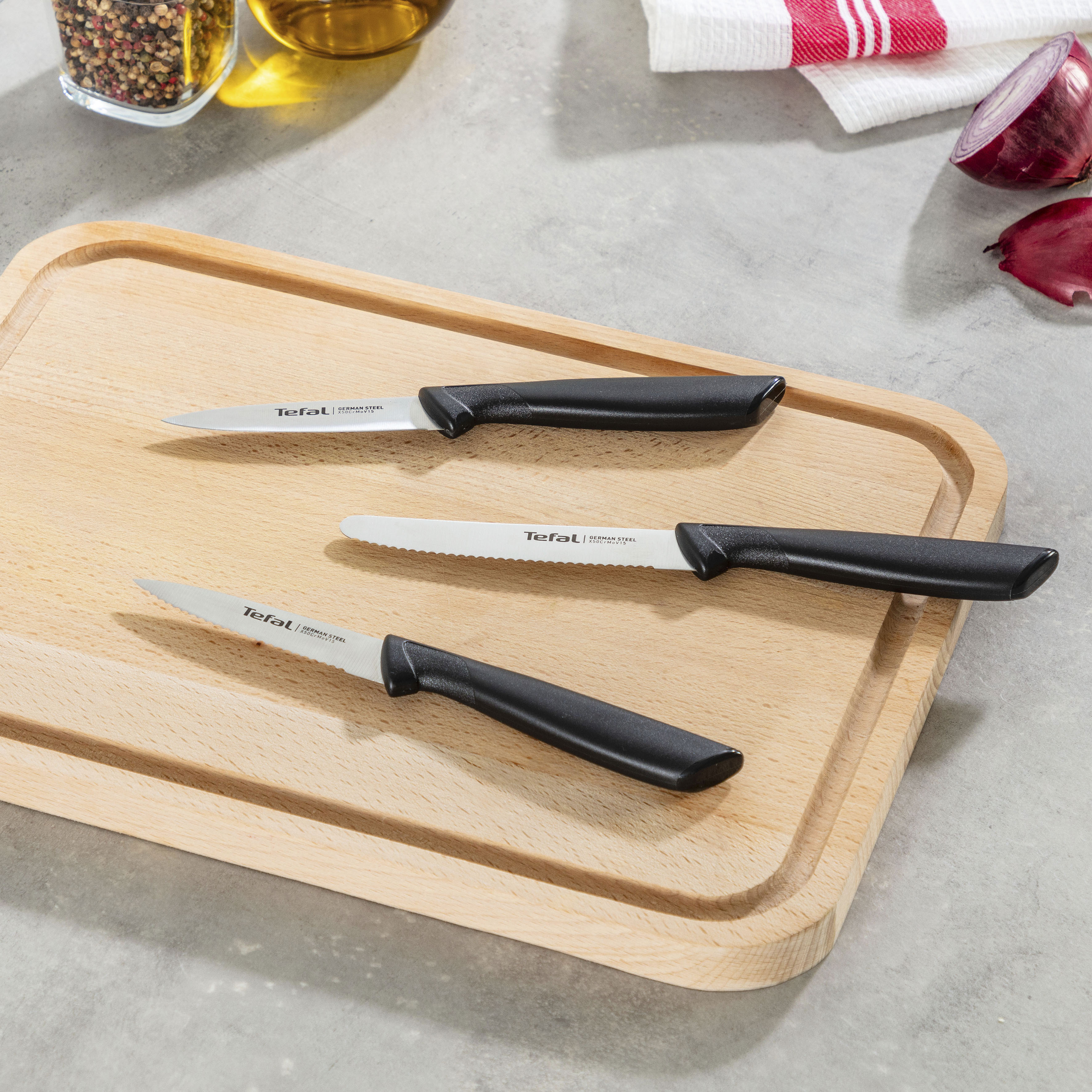 Messer-Set TEFAL "Colorfood für alle täglichen Vorbereitungen", schwarz, Edelstahl, Kunststoff, Kochmesser-Sets, Messer-Set, deutscher Edelstahl, rostfrei, leicht strukturierte Griffe, K2733S