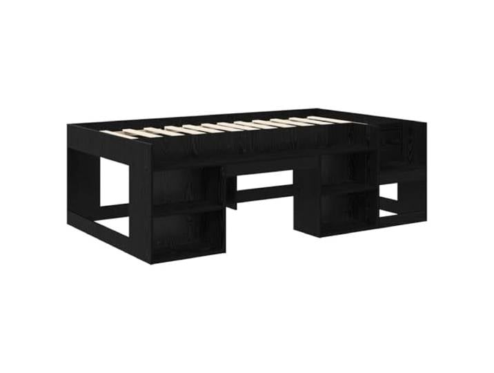 SKTQYQO Bettrahmen Eiche Schwarz 90 x 200 cm Technisches Holz, feste Latten, seitliche Regale, Struktur des Behälters