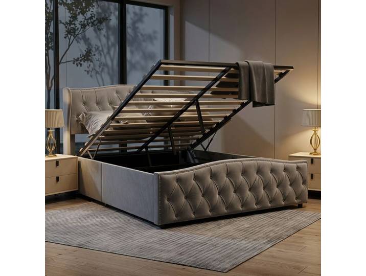 Lit coffre 160x200 cm - RWUDV - Lit double 160x200 avec rangement - Lit 160x200 avec Sommier - lit adulte-lit capitonné-Velours gris