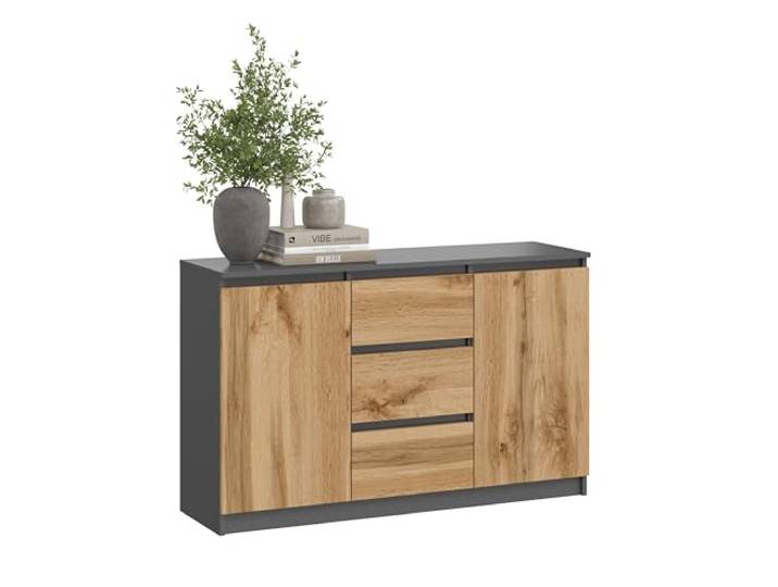 KUBUTKU Kommode Moderner Sideboard Mehrzweckschrank für Schlafzimmer Flur Wohnzimmer Büro (Grafit/Eiche Wotan, 120x97x40cm 2Türen 3Schubladen)