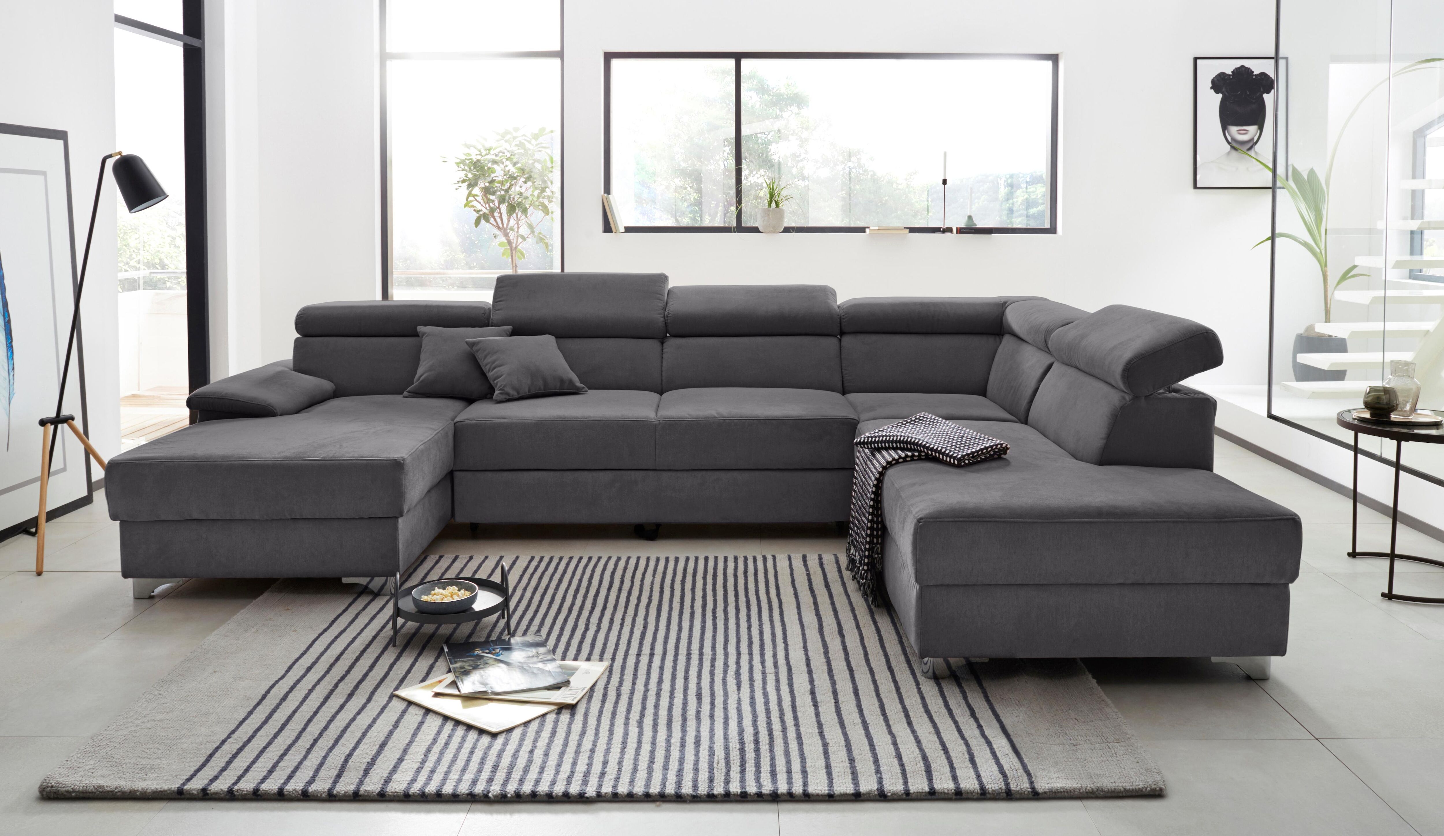 Wohnlandschaft DOMO COLLECTION "Mira, inklusive Kopfteilverstellung für mehr Wohlfühlkomfort, U-Form", braun (espresso), B:337cm H:78cm T:230cm, Luxus-Microfaser (92% Polyester, 8% Nylon);Zierkissen: Entsprechend jeweiligem Bezug.;Struktur (100% Polyester