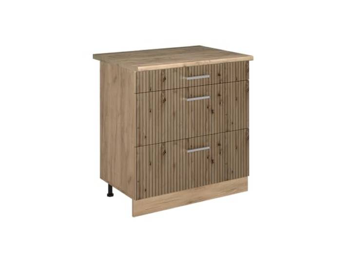 Vicco Küchenunterschrank R-Line, Artisan-Eiche/Goldkraft Eiche 80 cm 3 Schubladen · Arbeitsplatte Eiche · Höhenverst. Füße · Leichter Zugriff · Frei kombinierbar