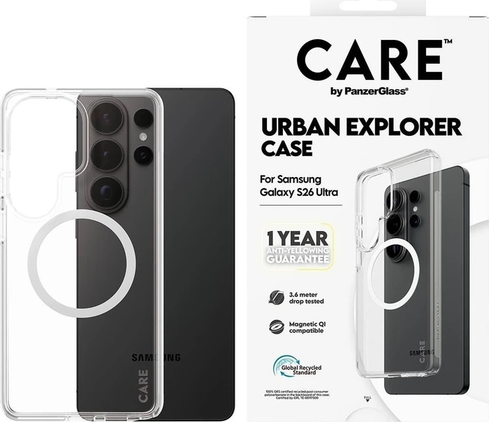 PanzerGlass CARE Hülle Samsung Galaxy S26 Ultra Urban klar/weiß Qi + ein Jahr Garantie gegen Vergilb