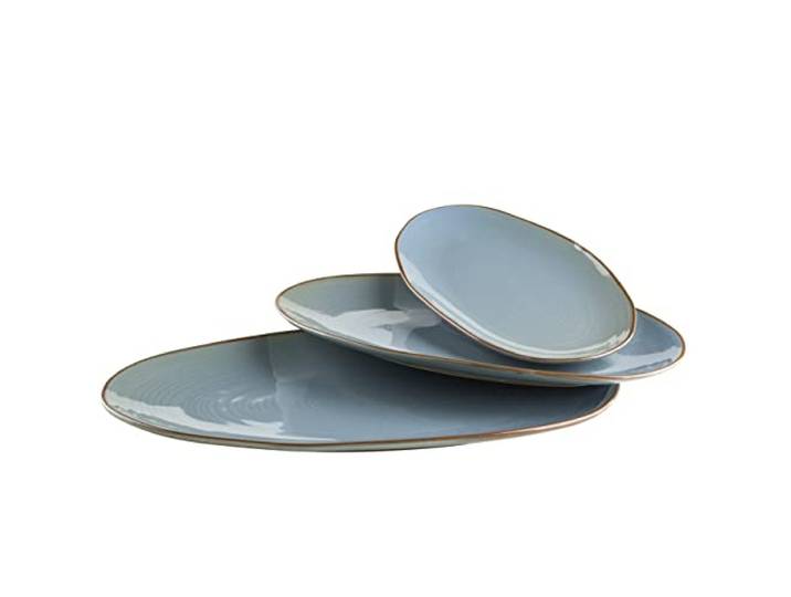 MÄSER Serie Nottingham, Set aus 3 Servierplatten, Servierteller in 3 Größen im unregelmäßig geformten Vintage Look, Steinzeug, Blau