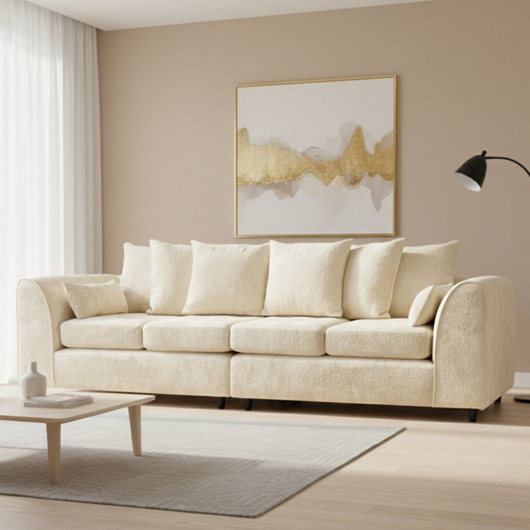 Metro 4 Seater Chenille Sofa Cream 90cm H X 250cm W X 90cm D