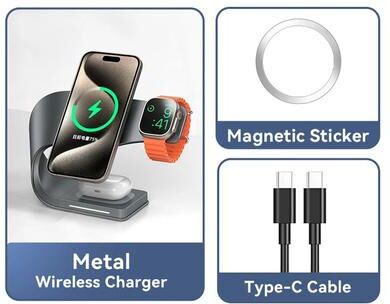 Inspire Curations 4 in 1 Magnetic Wireless Charging Station 15W Fast Charger Stand For IPhone, AirPods & Apple Watch gray