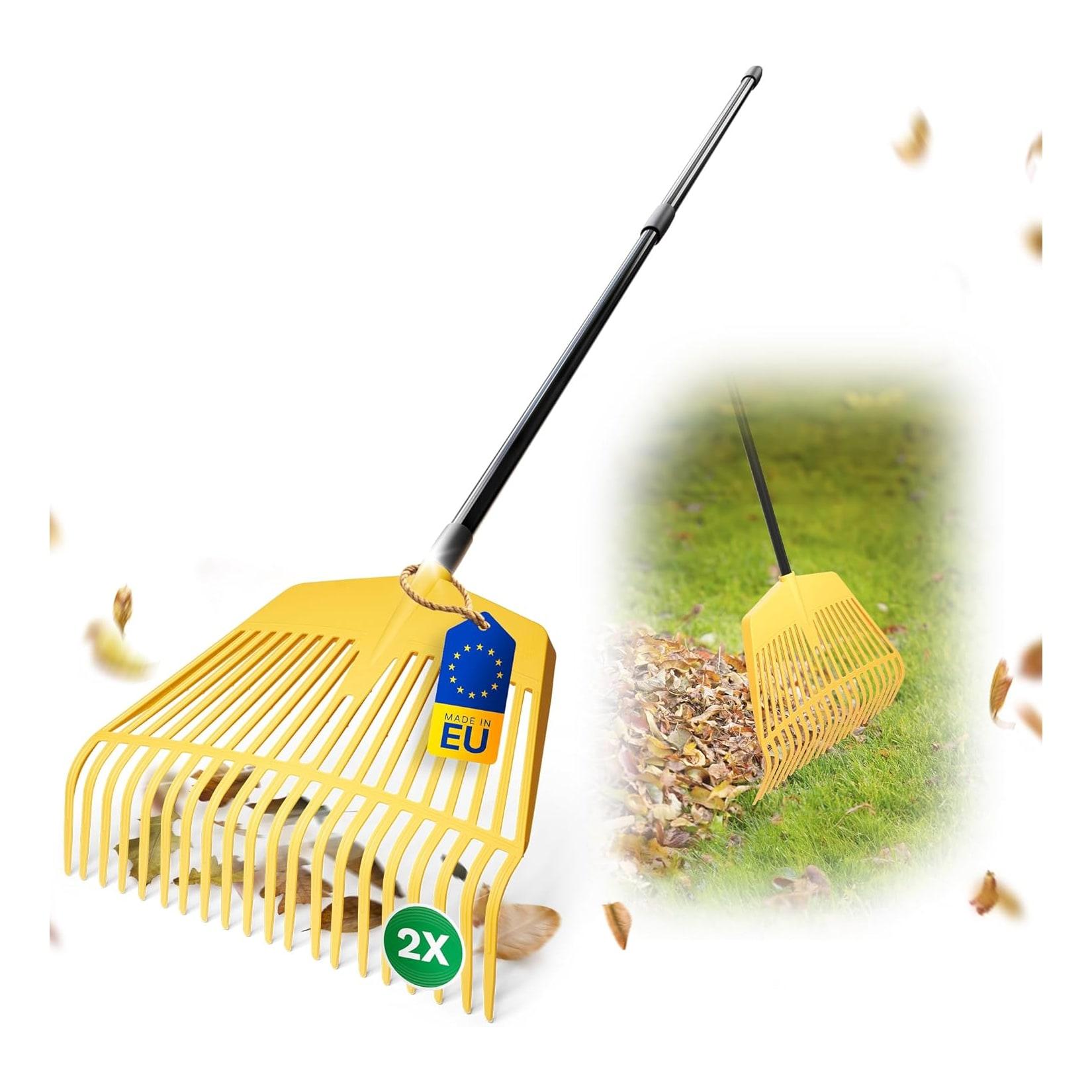 Novatool 2X Laubbesen mit Teleskop-Stiel bis 152cm , 2 in 1 Kombigerät , Laubbesen und Laubgabel mit 20 Kunststoff-Zinken , Arbeitsbreite 45cm , Laubrechen , Gartenbesen , Rasenrechen , Harke , Gartengerät