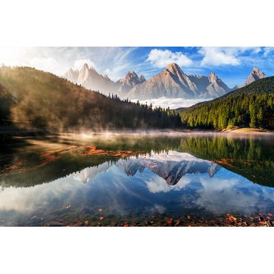 Fototapete PAPERMOON "Mountain Lake Autumn Fog", bunt, B:2,5m L:1,86m, Vlies, Tapeten