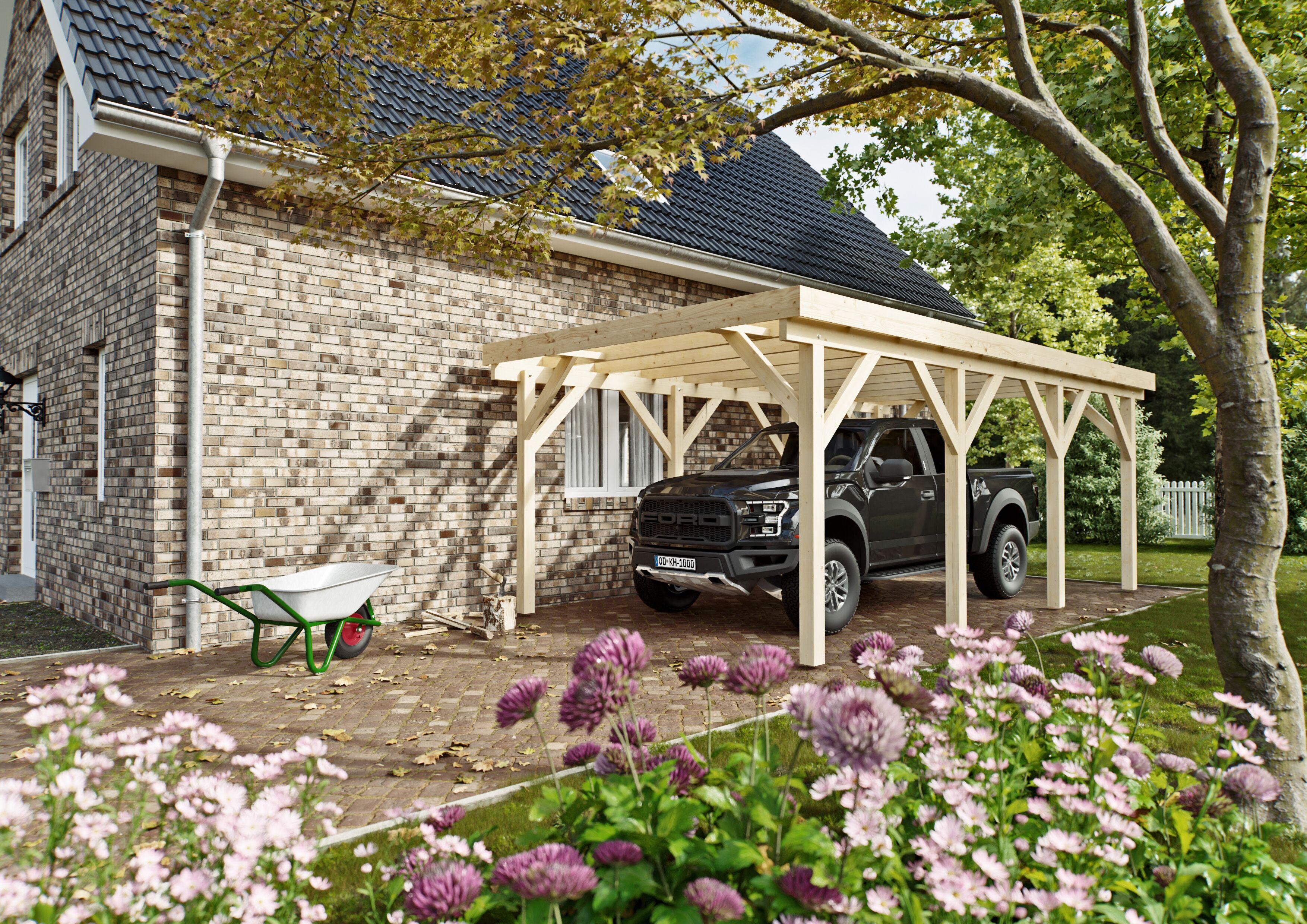 Einzelcarport KONIFERA "Saturn II", beige (unbehandelt), B/H/T: 222cm x, Carports, Einzelcarport, Bausatz, Leimholz naturbelassen, PET-Flachdach lichtdurchlässig