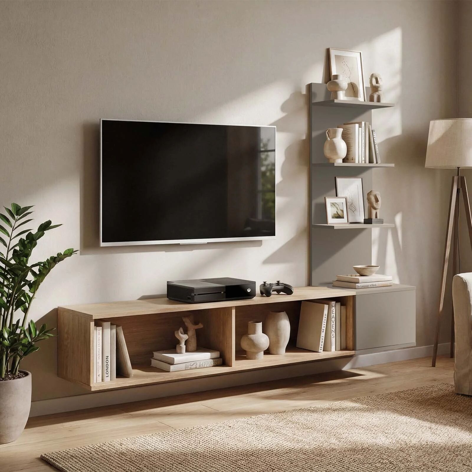 garneroarredamenti Parete attrezzata 180x130h cm sospesa rovere grigio Kyoto