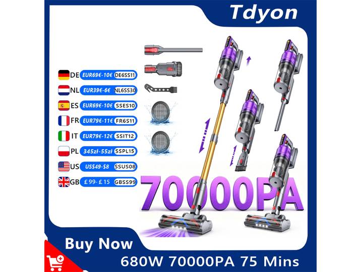 Aspirateur sans fil Tdyon Nova 680W 70000PA, autonomie de 75 minutes, batterie amovible, autoportant, recharge mural