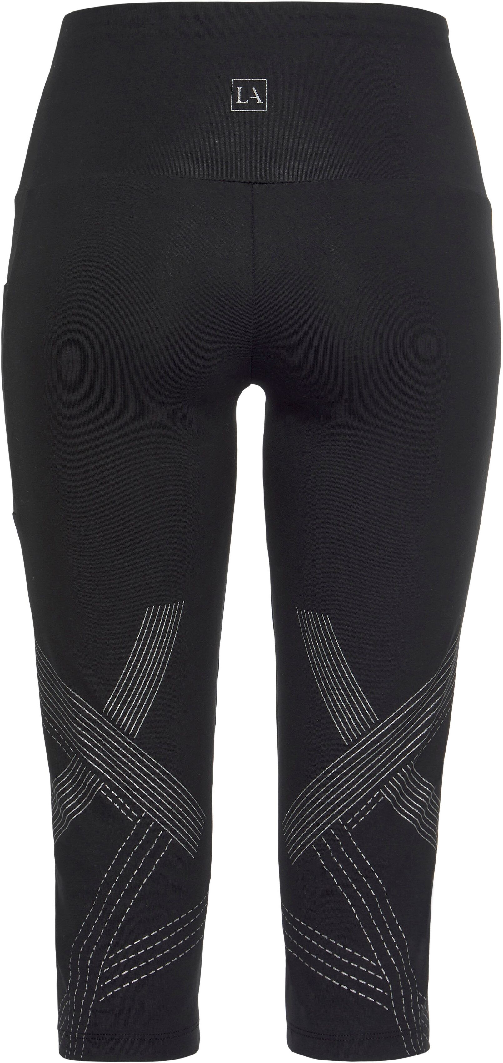 Caprileggings LASCANA ACTIVE, Damen, Gr. 48/50, N-Gr, schwarz, Single Jersey, Obermaterial: 95% Baumwolle, 5% Elasthan, bedruckt, unifarben, figurbetont kniebedeckend, Hosen Caprileggings, mit optischen Reflektortprint und Handytasche