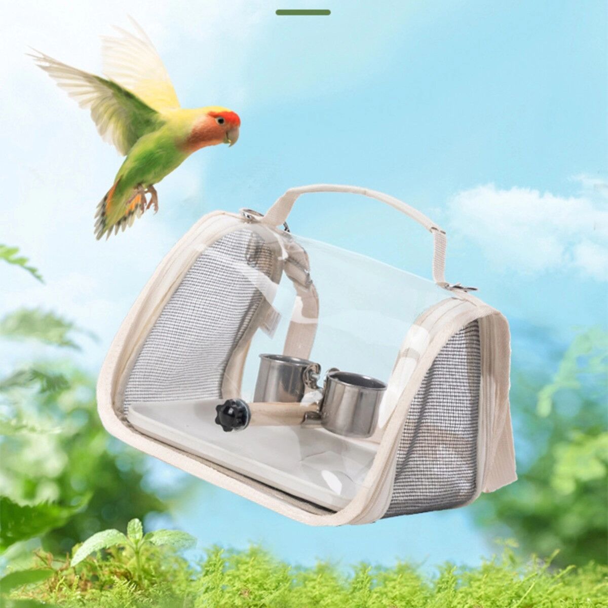INF Tragbare Vogeltragetasche mit Sitzstange, Futterspender und Schale – Atmungsaktive Reisetasche für Papageien, Beige