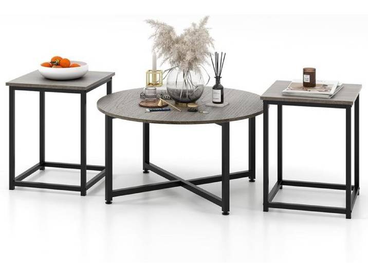 GIANTEX Lot de 3 Tables Basses de Salon- Table Ronde+ 2 Tables d'Appoint Carrées- Cadre en Métal- Pieds Réglables- Gris
