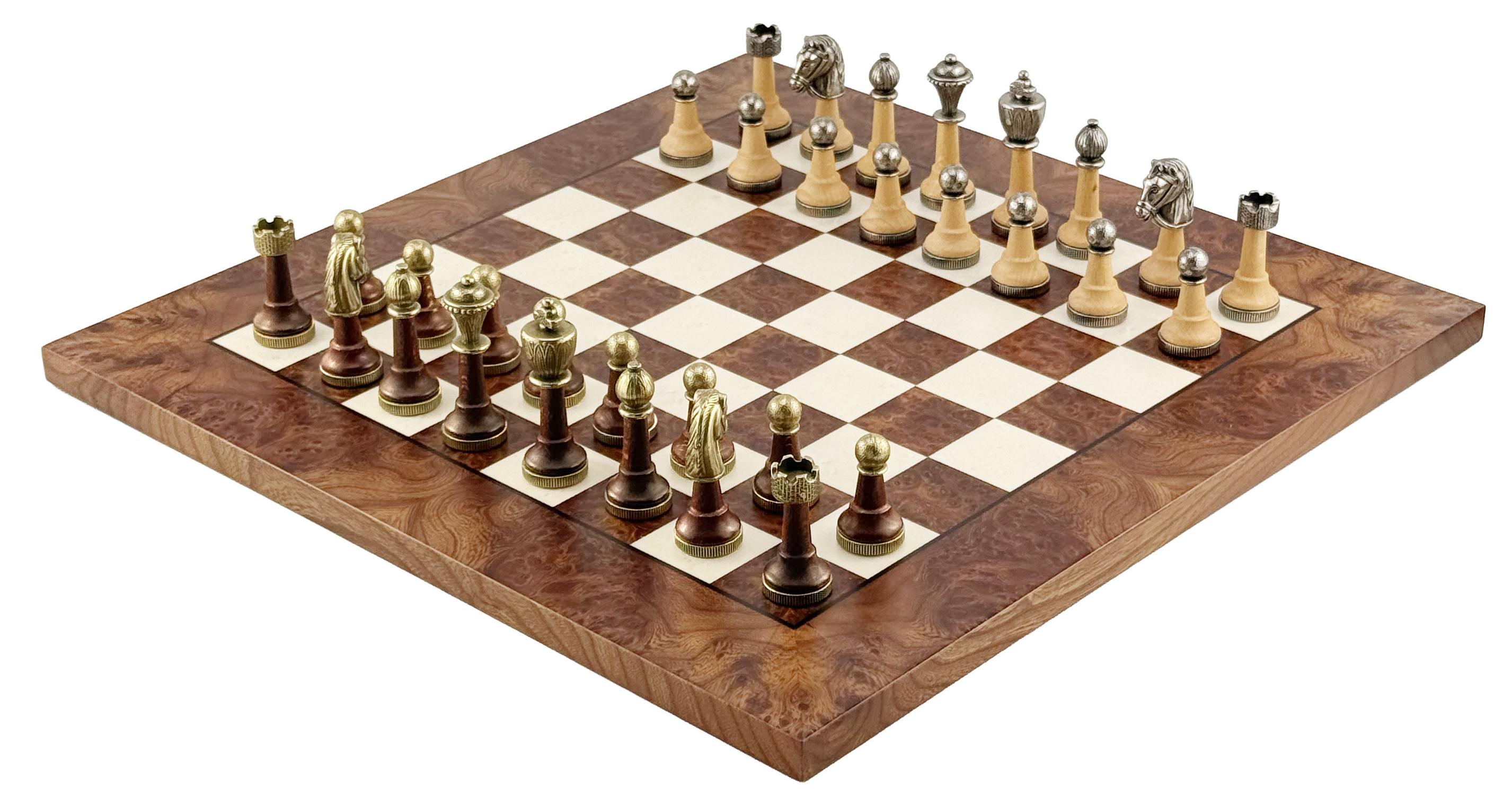 Italienische Schachfiguren Klassik Metall/Buchenholz Hoch + Schachbrett 42